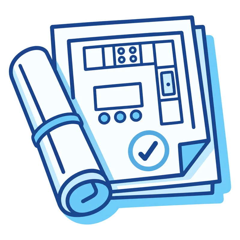 Line-art icon: a rolled drawing beside a kitchen plan sheet with a check mark